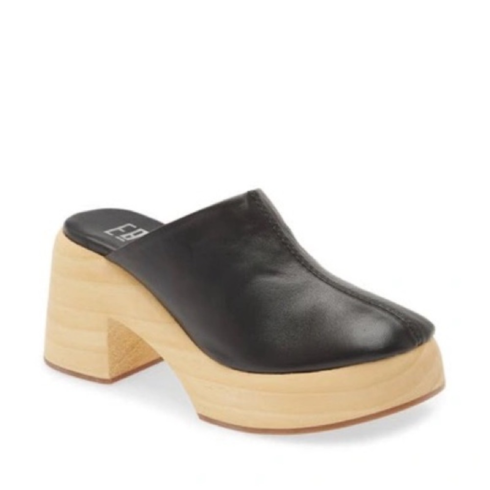 Miista Black Leather Mule Clogs with Natural Wood Platform